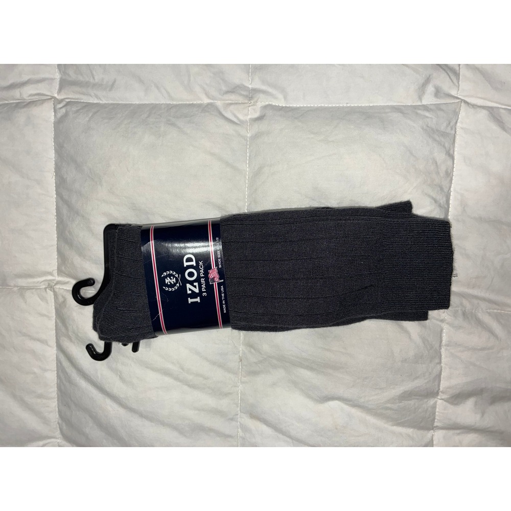 IZOD Mens 3 Pair Pack Dress Socks Charcoal Grey Ribbed Crew Shoe Size 6-12.5 USA